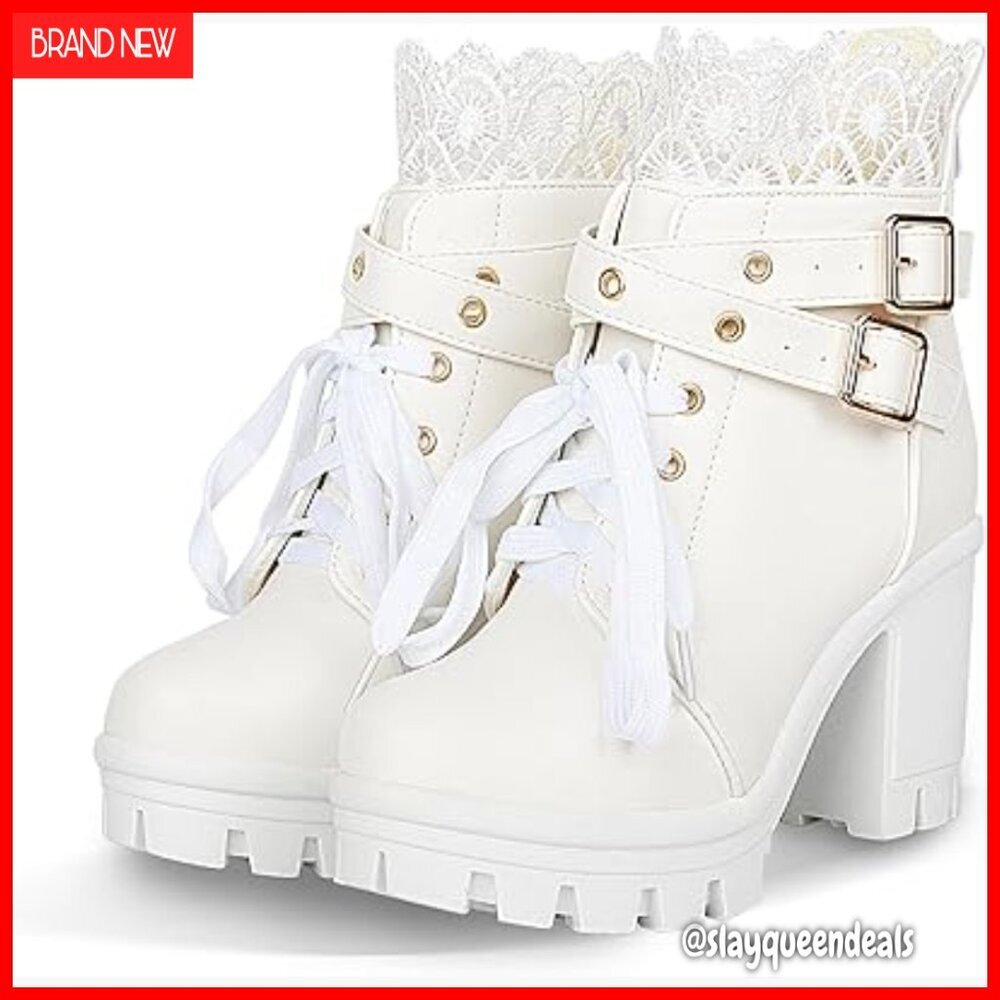 Chunky Platform Ankle Boots Lace Up Buckle Gothic Punk Shoes Block Heel
